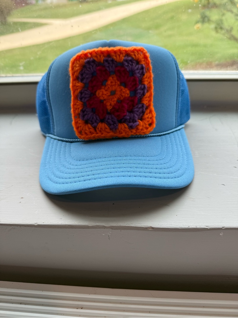 Light Blue Trucker Hat with granny square Patch